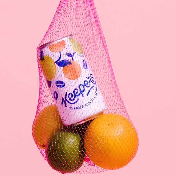 Keepers coffee soda can in a fruit sack