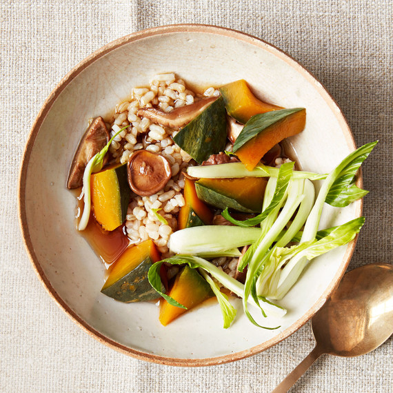 marrón rice bowl with squash and shiitakes