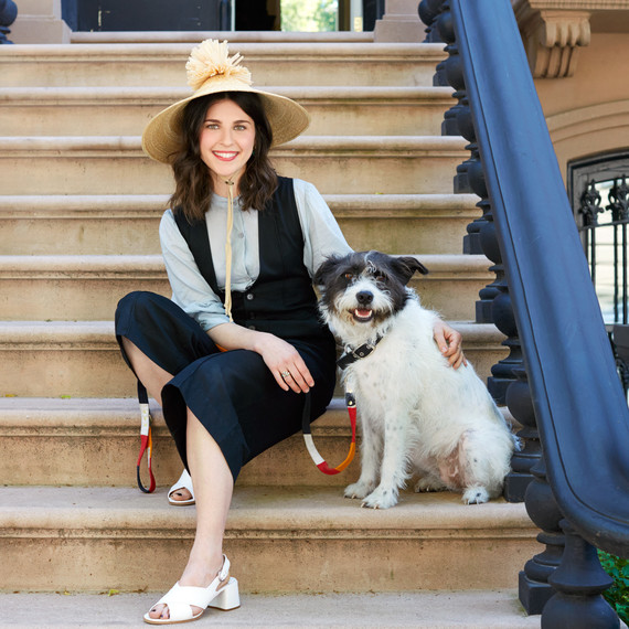 julia sherman portrait with dog on steps
