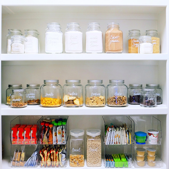 Speisekammer organization labeled jars snacks trays